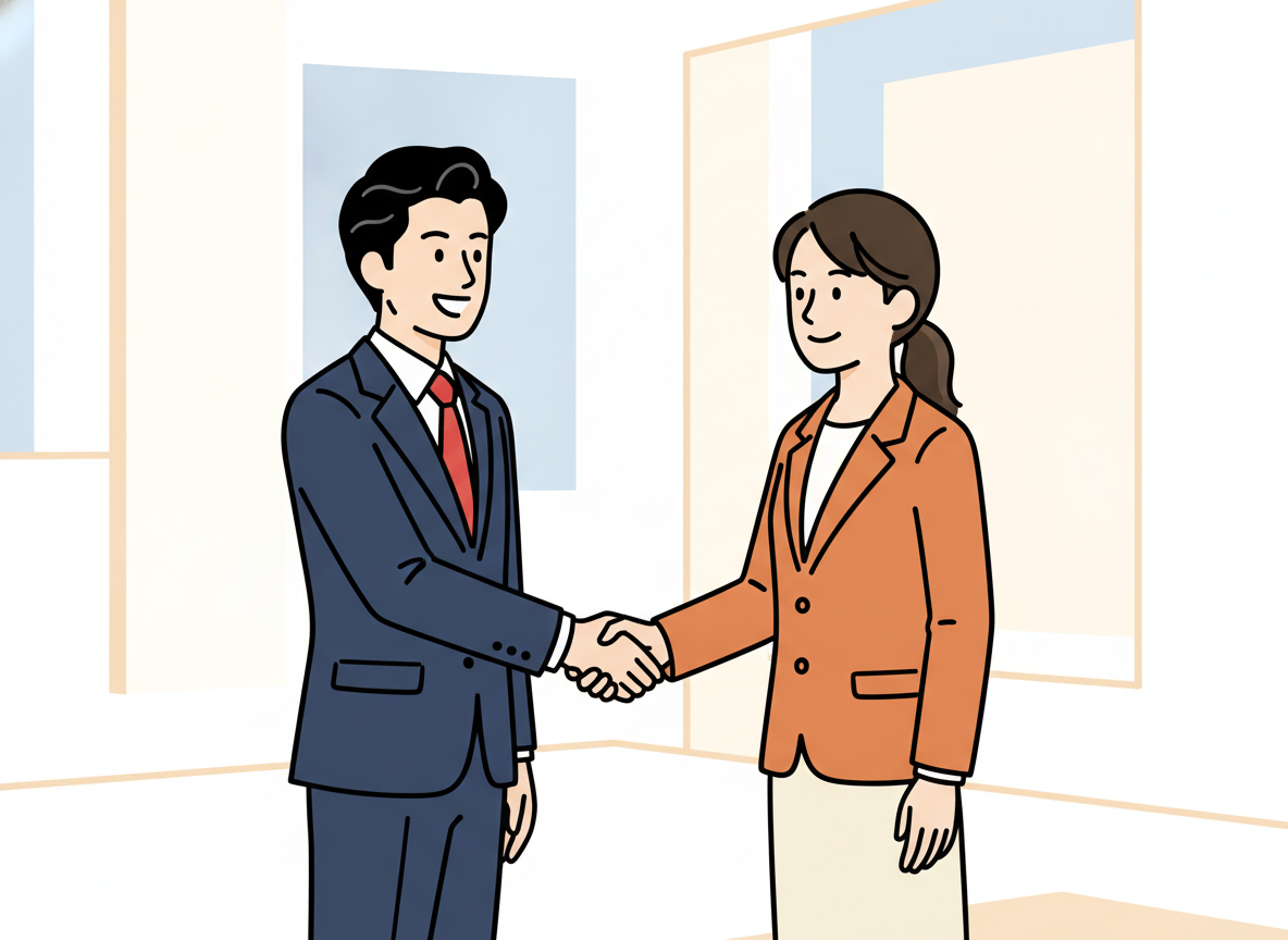 two people meeting for the first time, shaking hands in a bright open space
