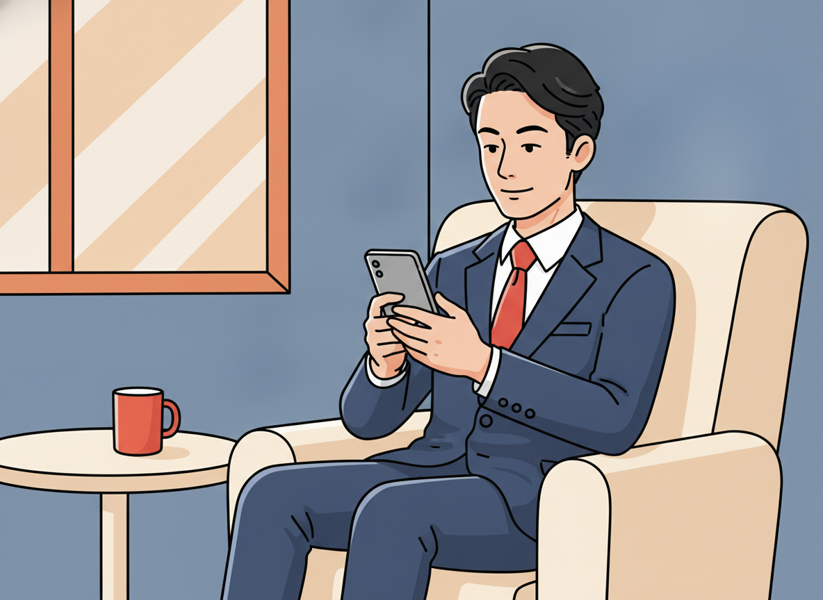 a person looking at a phone in a quiet room, calm expression, soft light