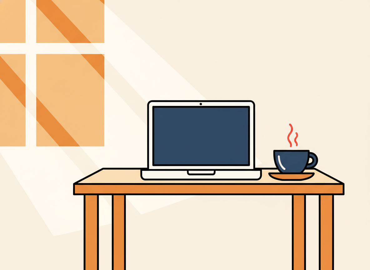 a wooden desk with a laptop and a cup of coffee in soft morning light