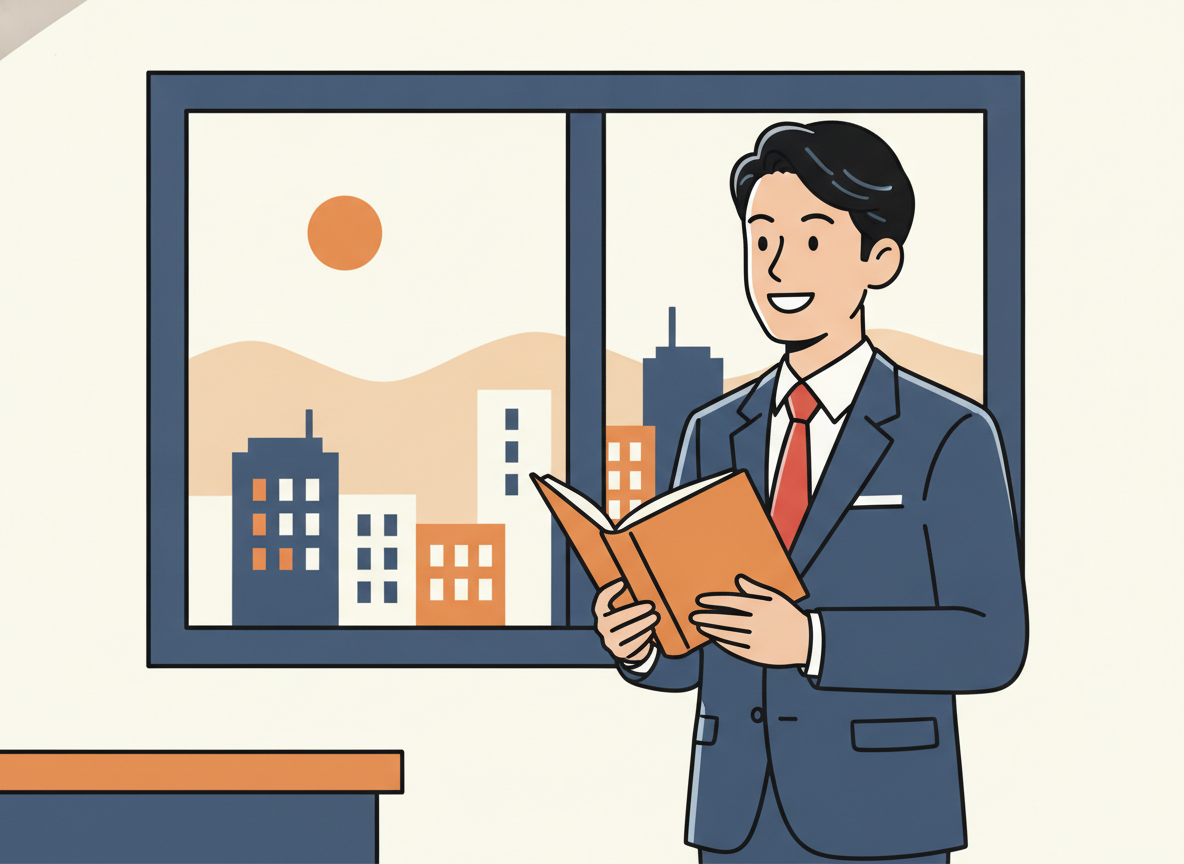 a person holding a book while looking out a window at a city view