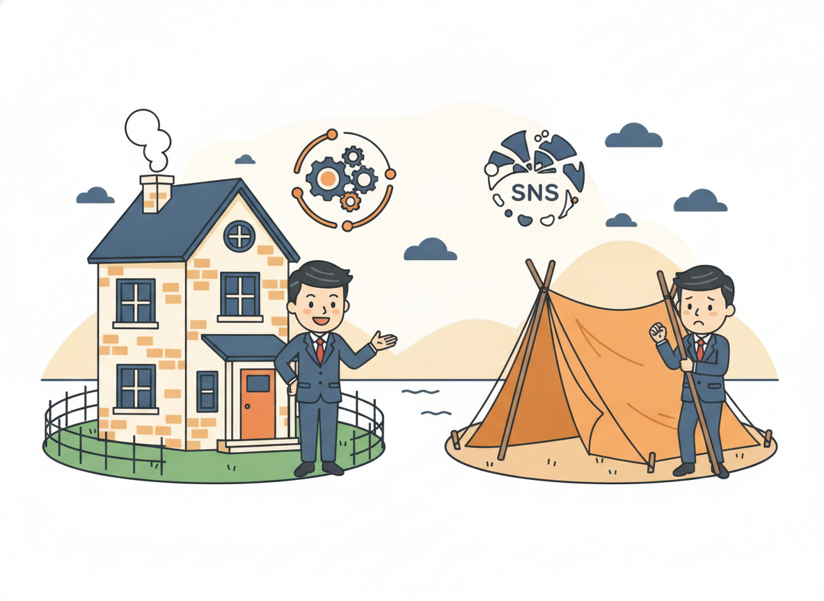 ブログ(自分の土地)とSNS(借り物の土地)を対比したイラスト・家と仮設テントのイメージ