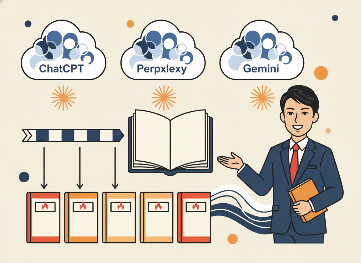 ChatGPT・Perplexity・Geminiが検索結果を返す画面イメージ・ブログ記事が参照される仕組みの図解