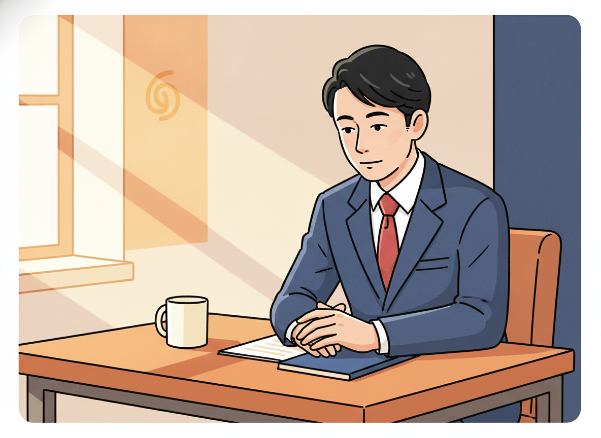 a person sitting quietly at a wooden desk in soft morning light, looking thoughtful