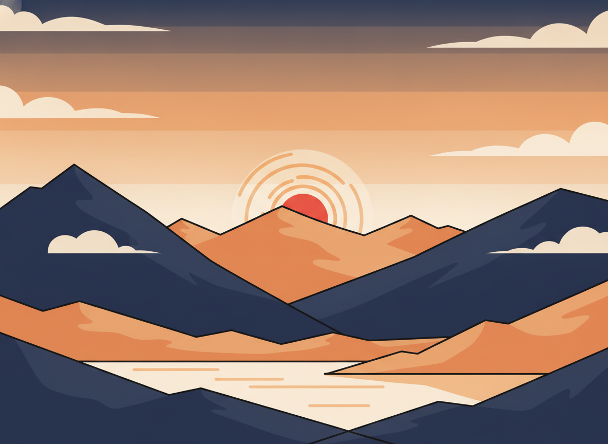 a calm mountain landscape at sunrise, abstract vastness and clarity