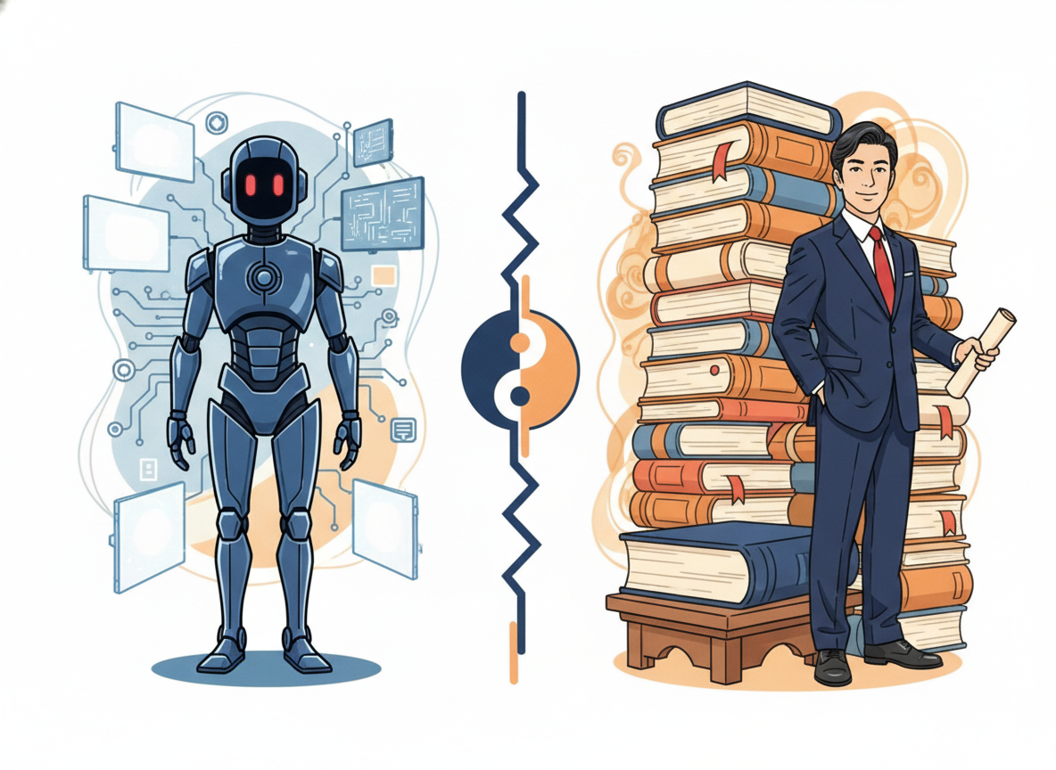 AIロボットと古い書物が並んでいるイメージ図・対比を表現