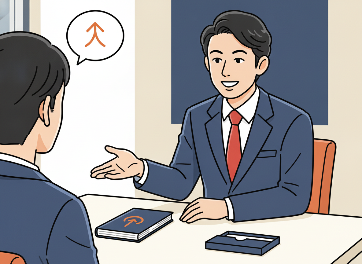 「人を動かす」文庫本と名刺入れ・人との会話シーンイメージ