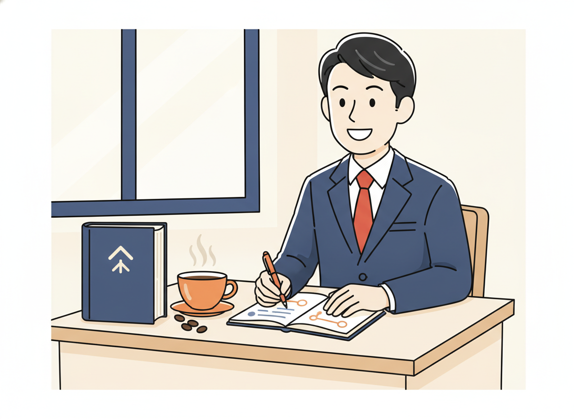 7つの習慣の本と朝のコーヒー・手帳に何かを書いているシーン