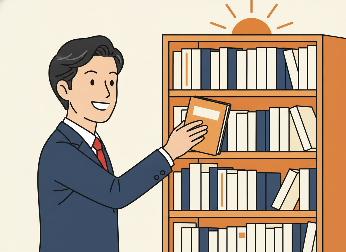 本棚に並ぶビジネス書古典・手が1冊を取り出しているシーン