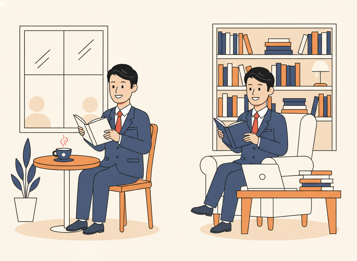 読書中の経営者のイメージ・カフェや自宅書斎でページをめくるシーン