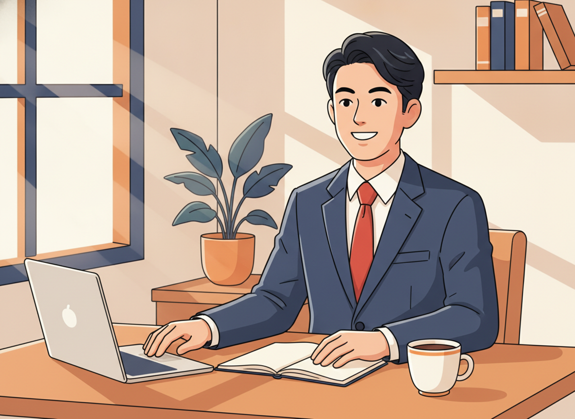 a person sitting calmly at a wooden desk in early morning light, coffee cup beside them