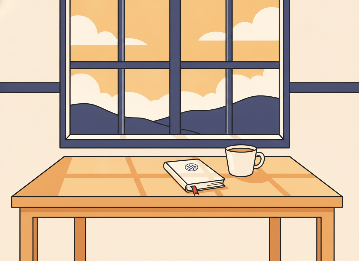 a quiet early morning scene of an empty wooden desk near a window with soft sunlight