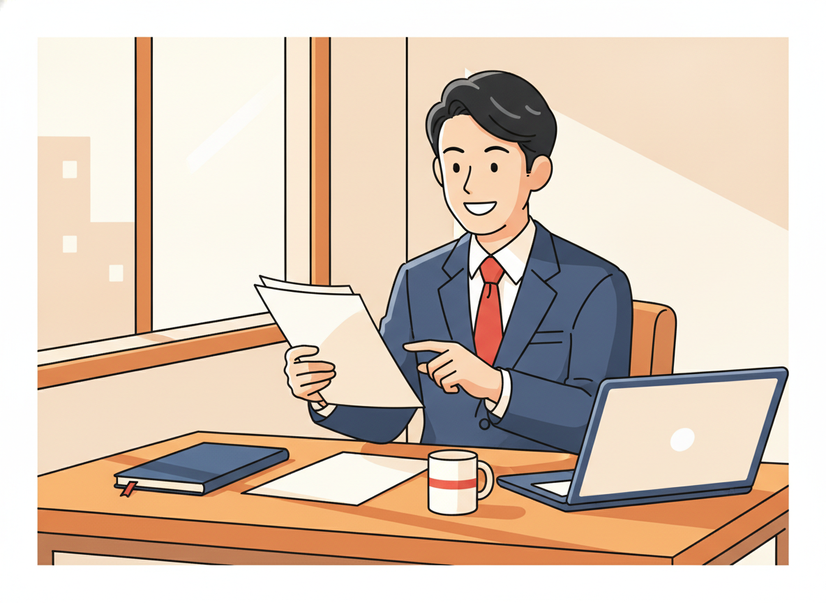 a person calmly reviewing notes in morning sunlight at a tidy wooden desk