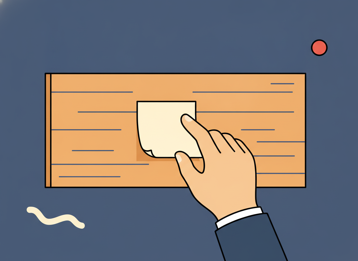 a hand placing a single sticky note on a clean wooden board