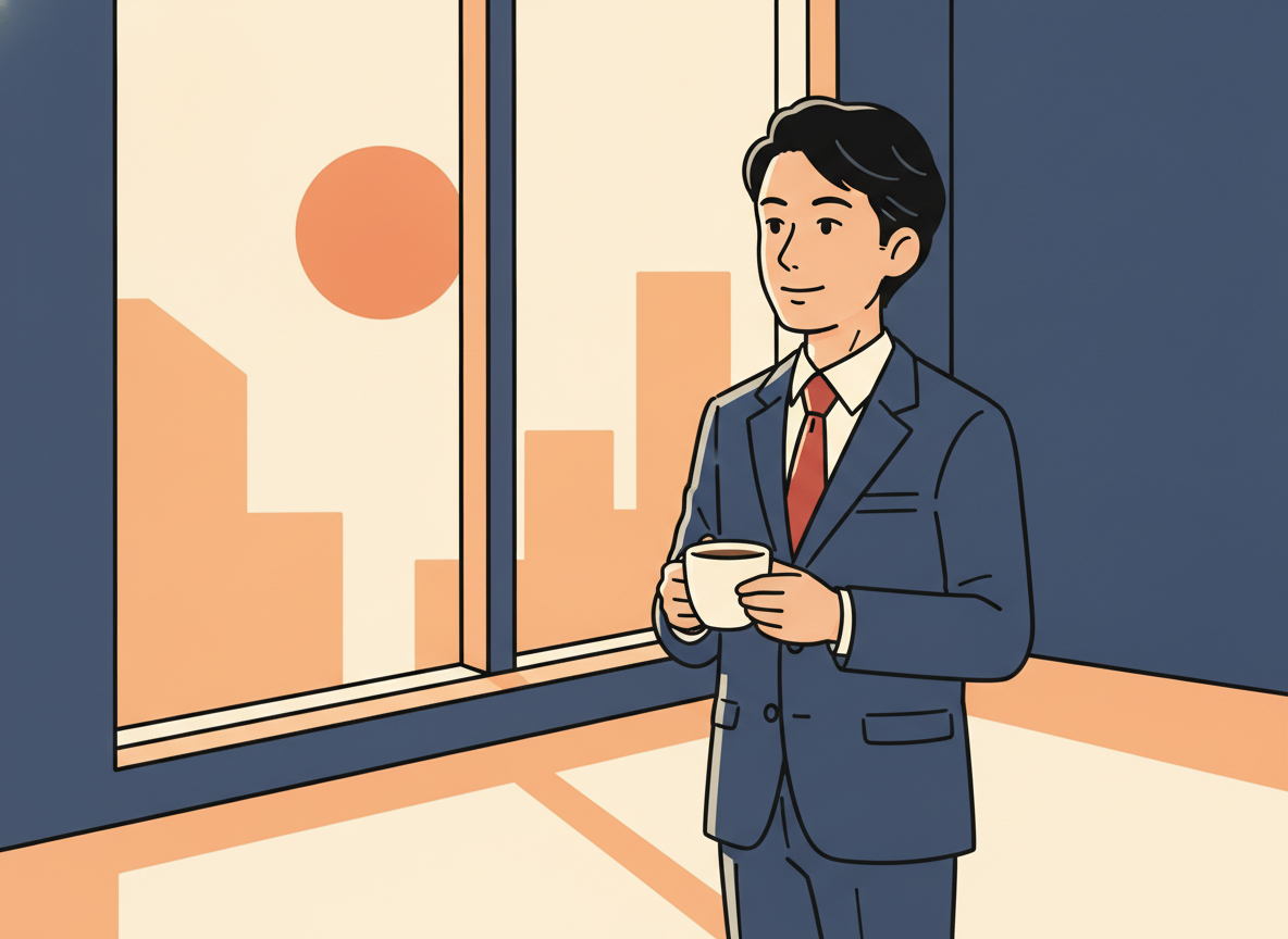 a person looking out a window in morning light with a calm expression and a cup of coffee