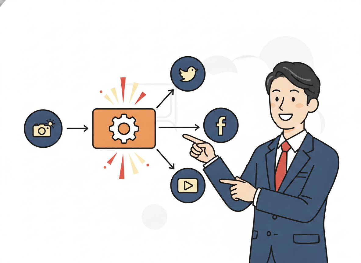 SNS自動投稿の仕組みを示す図解・Make.comの設定例
