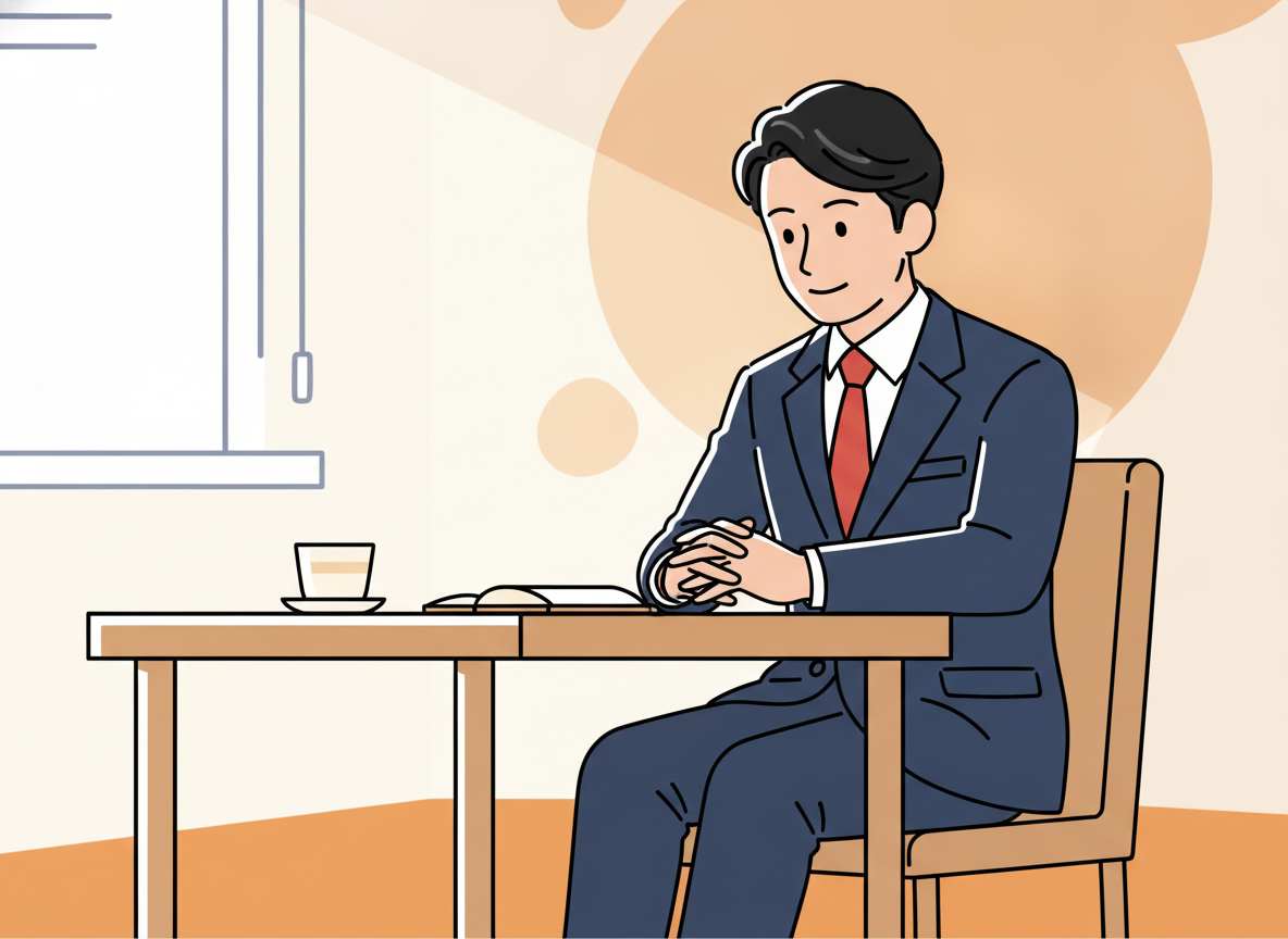 a person sitting quietly at a wooden desk in morning light, looking thoughtful