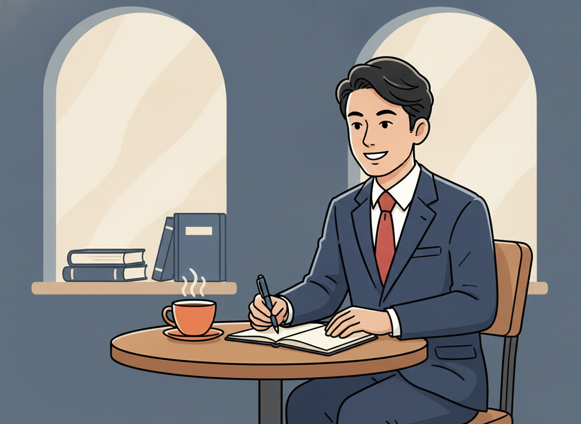 a person writing in a notebook at a quiet cafe, warm and focused atmosphere