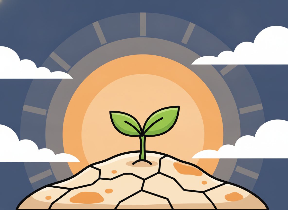 a single small plant sprouting from dry soil, soft morning light, hope and growth concept