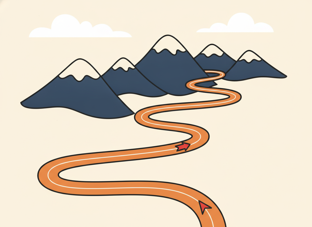 a winding road through mountains, aerial view, journey and direction concept