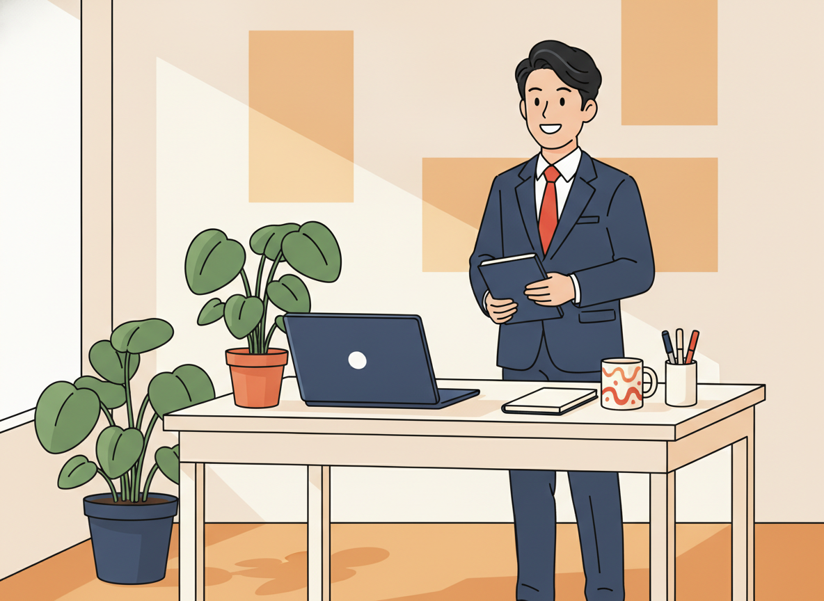 a calm morning workspace with warm light, plants and simple stationery, no text visible