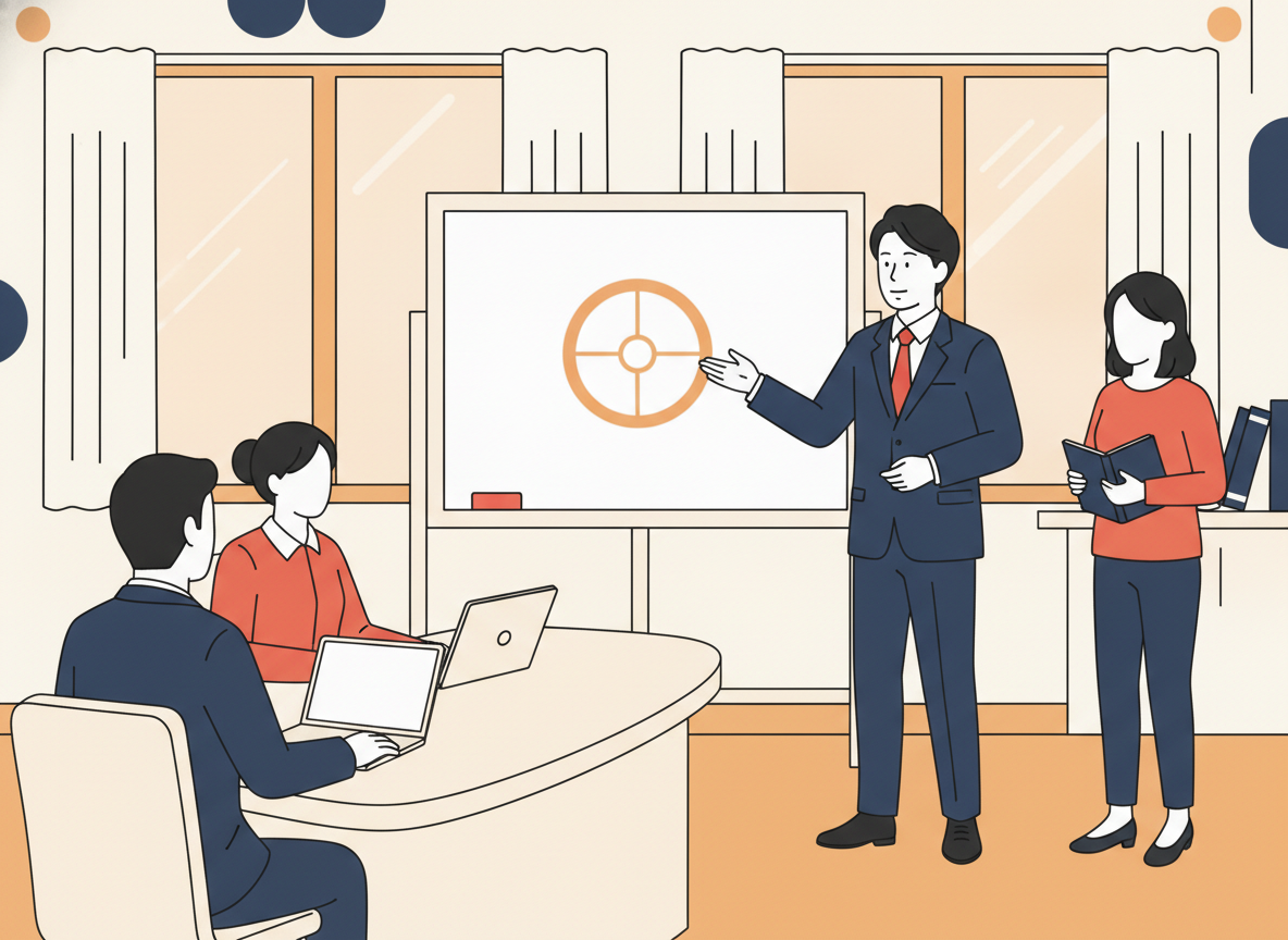 a small group of adults in a bright modern room, collaborative learning, no faces visible