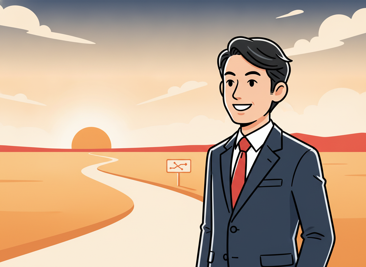 a person standing at a crossroads in an open landscape, morning light, peaceful and forward-looking