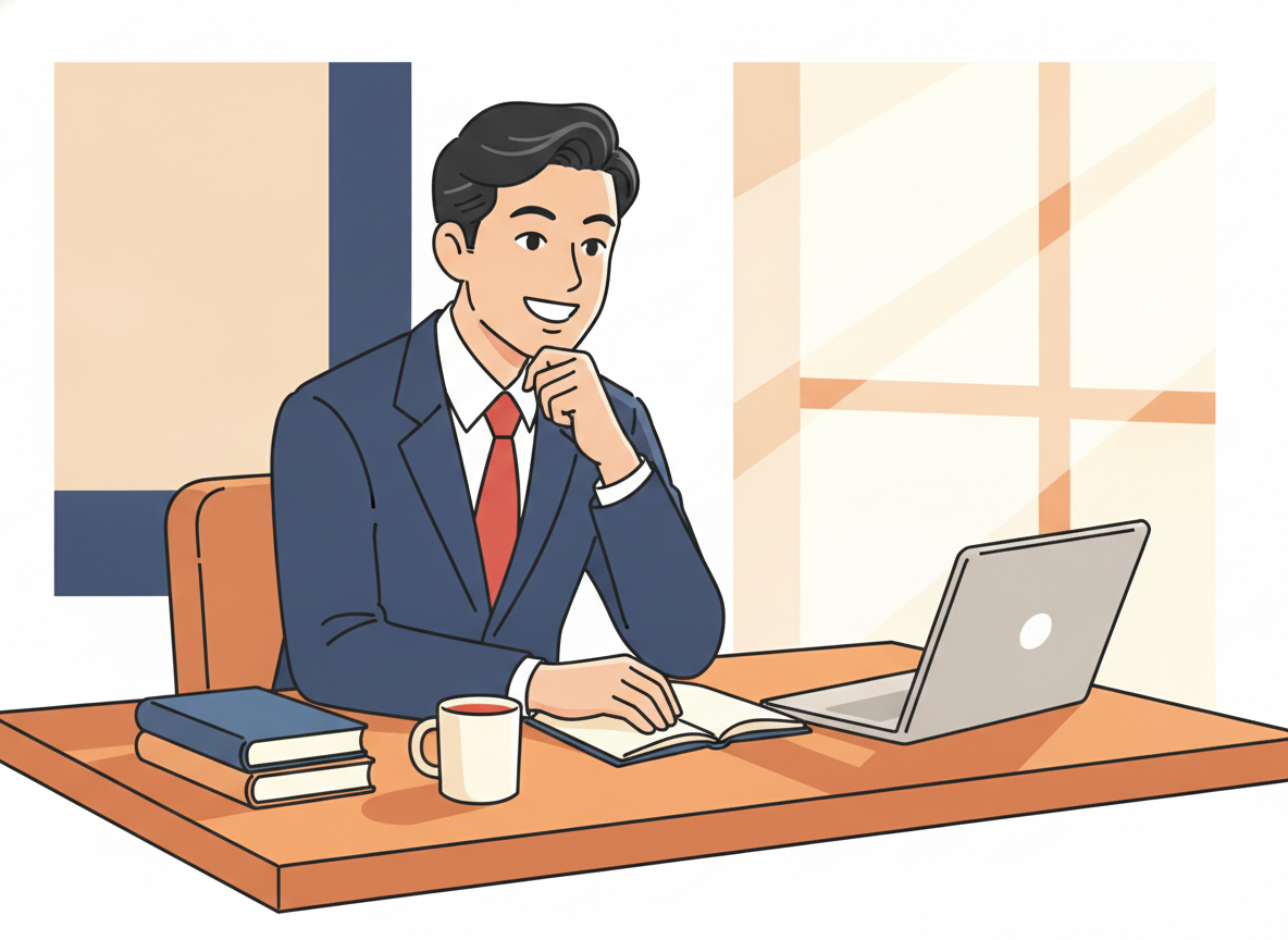 a person sitting at a wooden desk in warm morning light, looking thoughtful