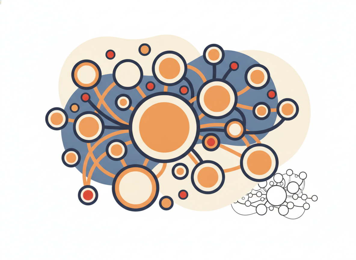 abstract warm circles connected by soft lines, representing human network