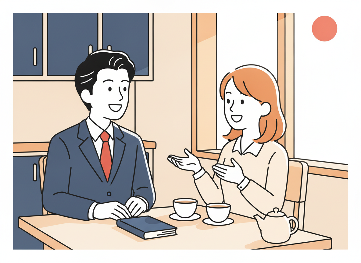 two people in a relaxed cafe conversation, natural sunlight, no screens