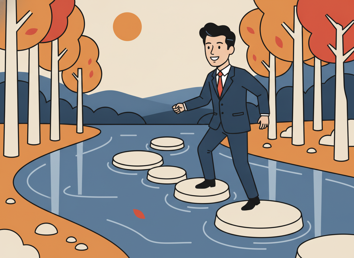 five stepping stones across a calm river in a forest setting