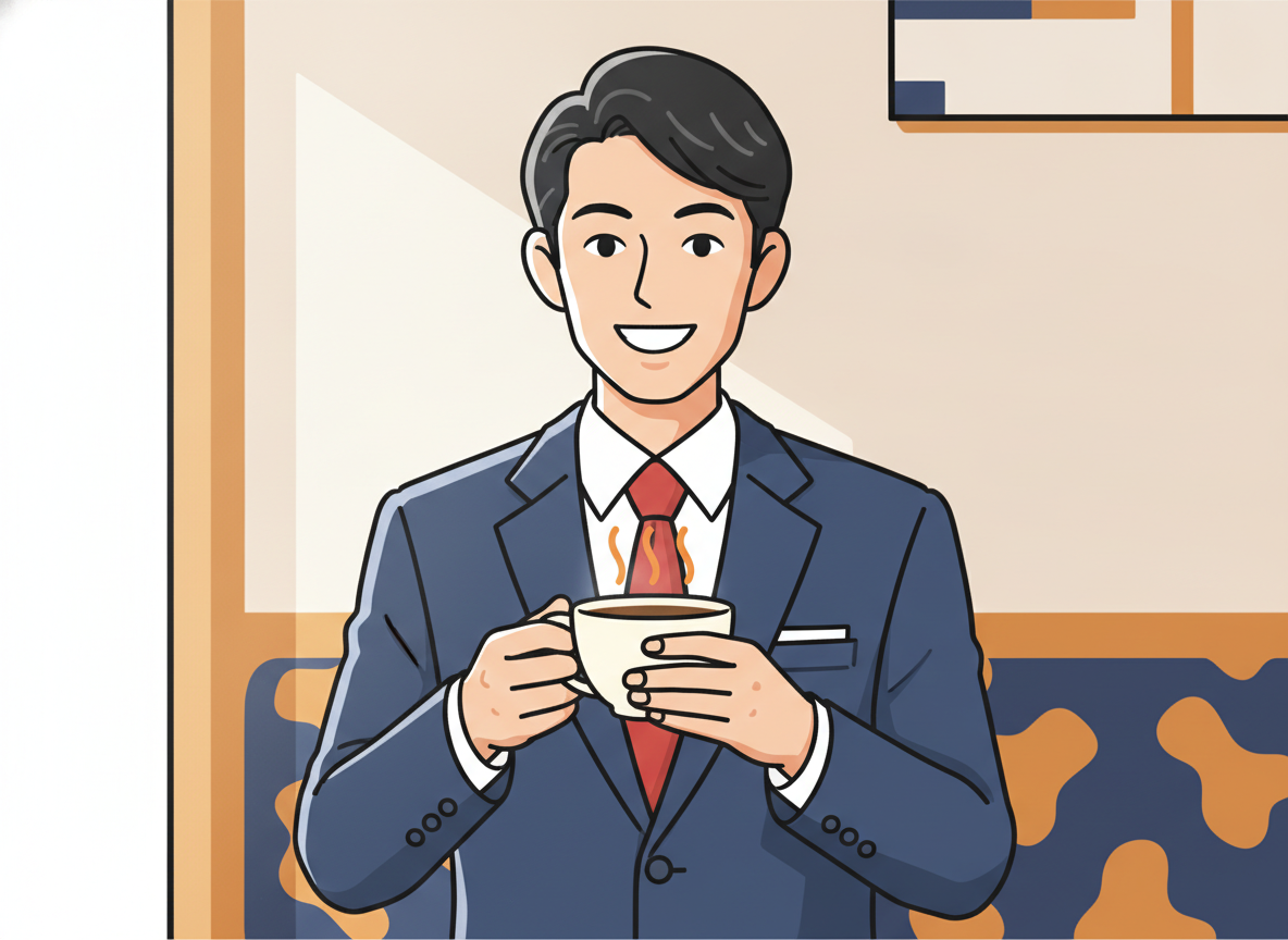 a person smiling warmly, hands around a warm coffee cup, natural indoor light