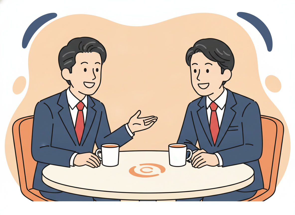 two people in easy conversation at a round table, warm soft background