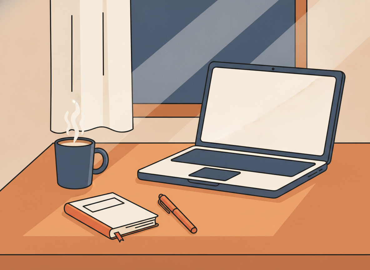 a tidy wooden desk with a small notebook and pen, soft daylight