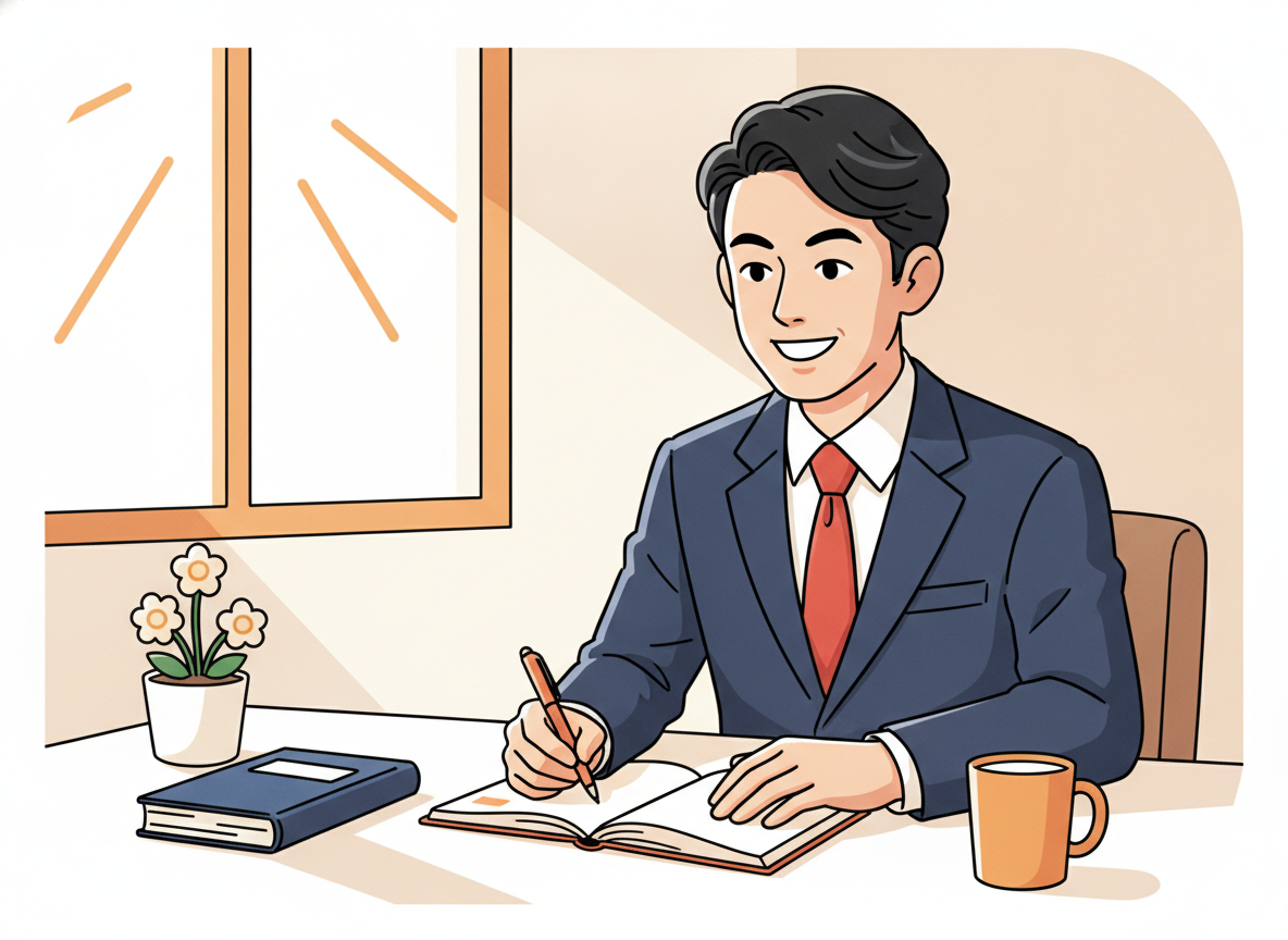 a person at a sunlit desk, writing in a journal with a warm expression