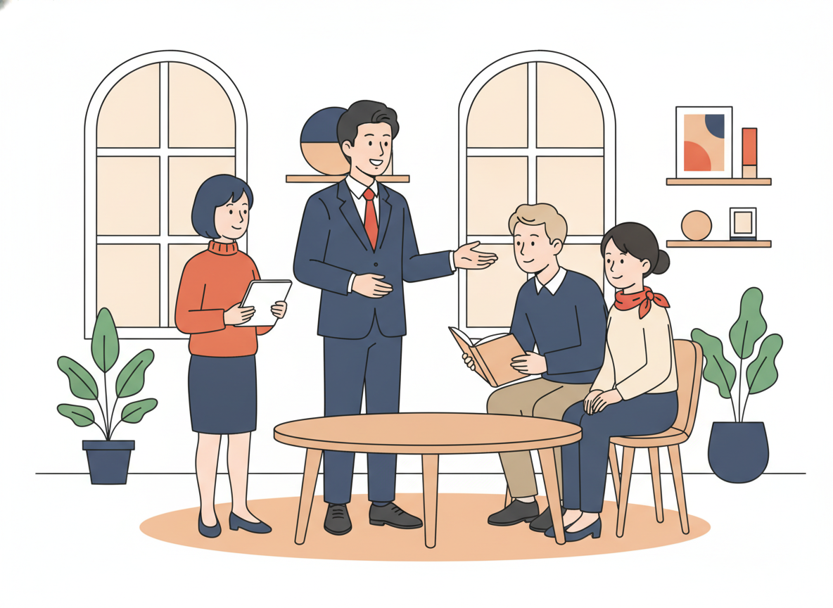 a group of people in a bright open space, engaged in a warm discussion