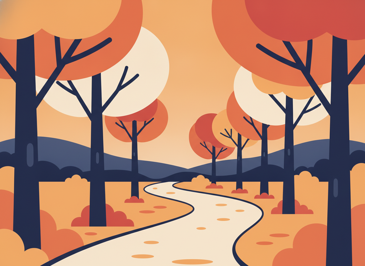 a calm path leading through trees in golden afternoon light
