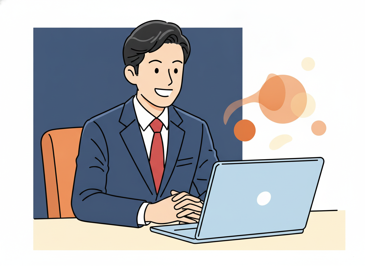 ひとり社長がノートパソコンの前で笑顔で打ち合わせしているイメージ