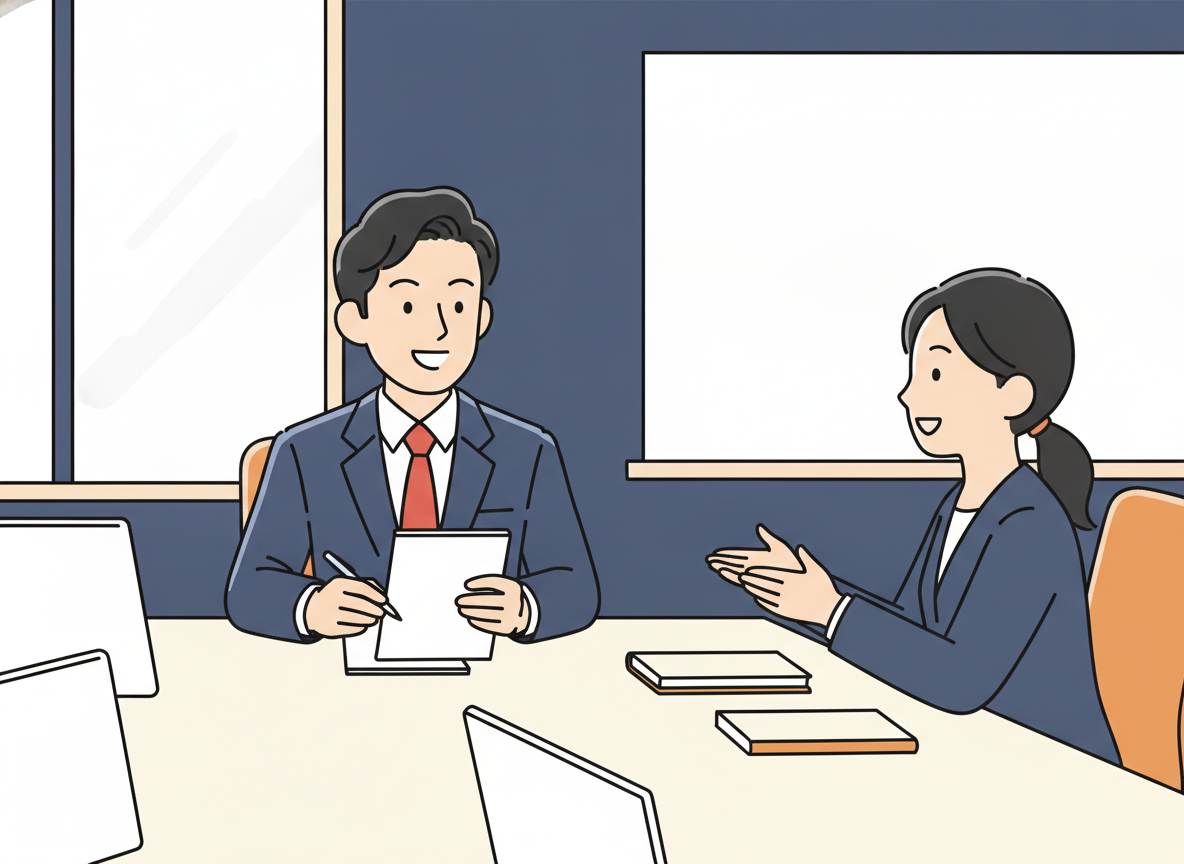 会議室で真剣にメモを取りながら相手の話を聞いているビジネスパーソン