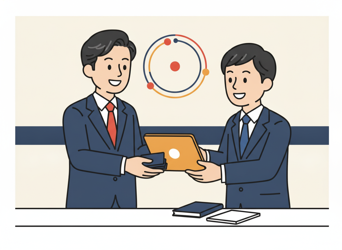 名刺交換後にすぐ有益な情報を渡しているビジネスシーン
