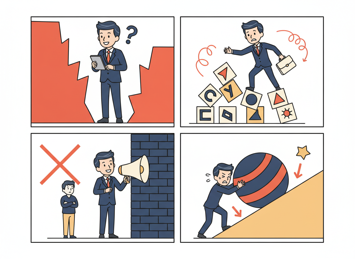 営業の失敗パターンを示すイラストやアイコン図