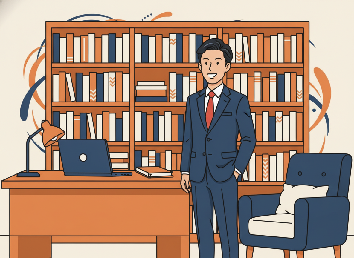 本棚にビジネス書が並んでいる経営者の書斎イメージ
