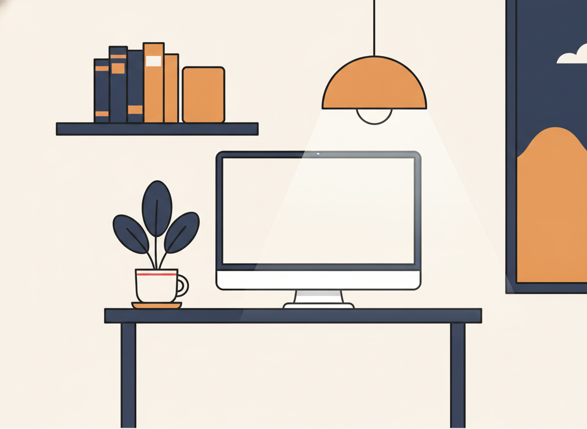 a minimalist home office corner with a large monitor, soft indirect lighting, and a few books on a shelf, no text visible