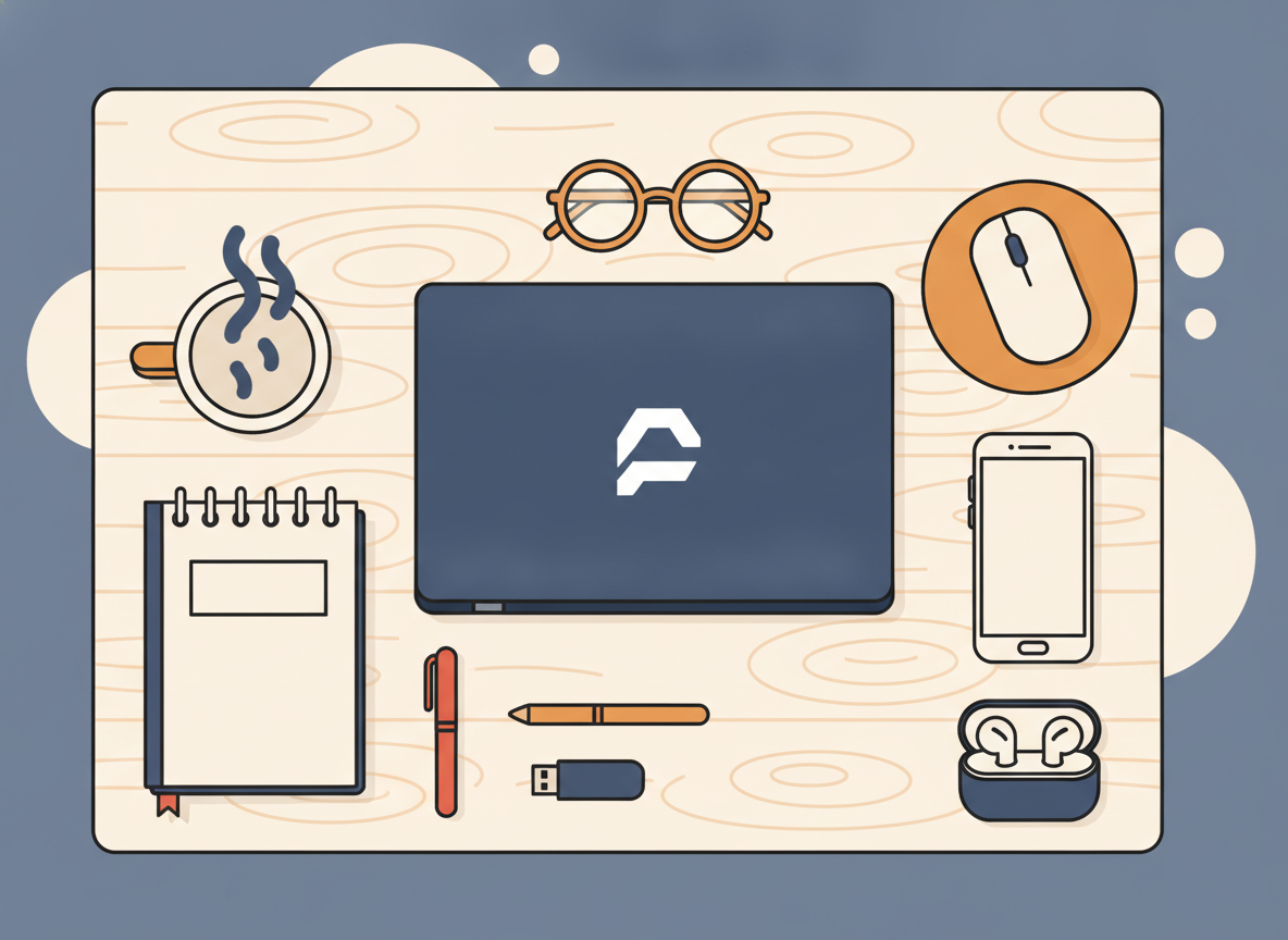an overhead flat-lay of various desk accessories and tech gadgets arranged neatly on a wooden surface, no text