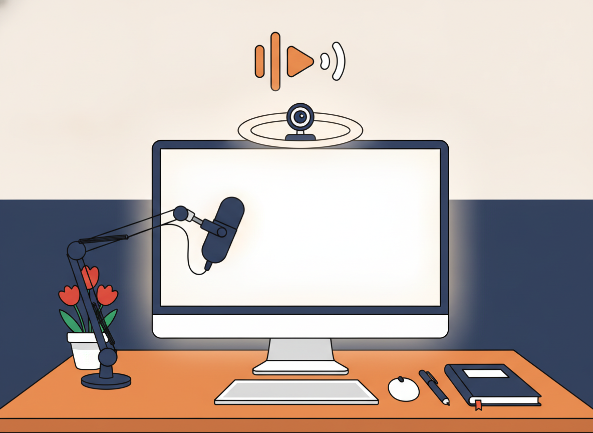 a desk setup with a microphone arm, ring light, and webcam visible, no brand logos or text