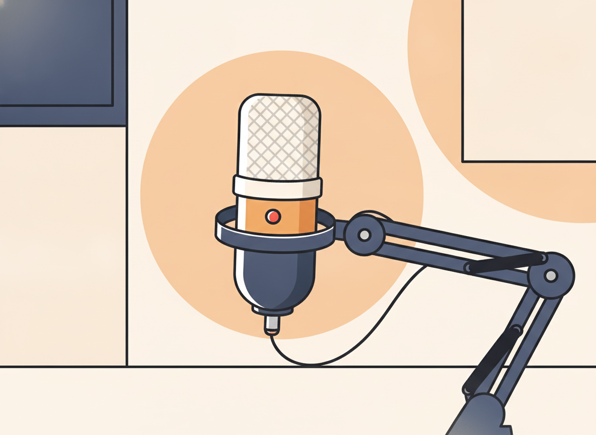 a close-up of a condenser microphone on a desk arm, studio lighting, no text