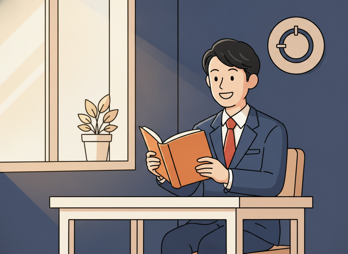 a person holding a book, reading at a desk by a window, warm light, book cover not visible