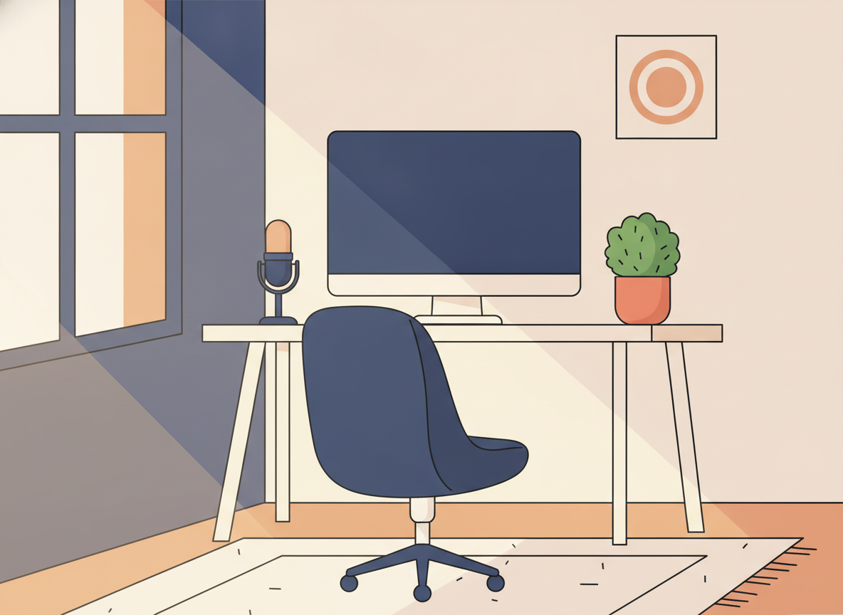 a tidy home office desk with a monitor, microphone, and small plant, warm morning light through a window, no text
