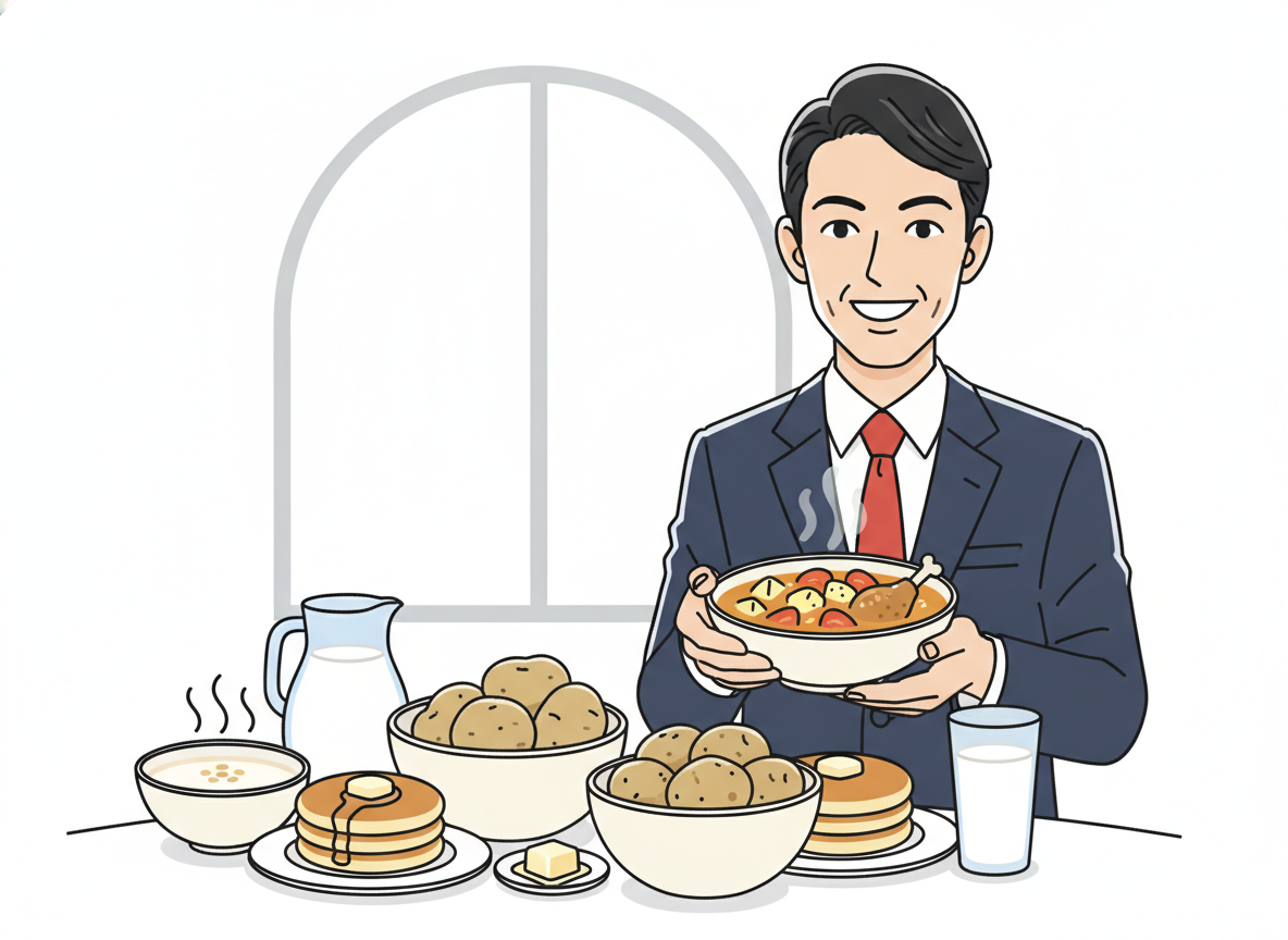 北海道食材を使ったホテル朝食ビュッフェのイメージ(じゃがいも・バター・牛乳・スープカレー)