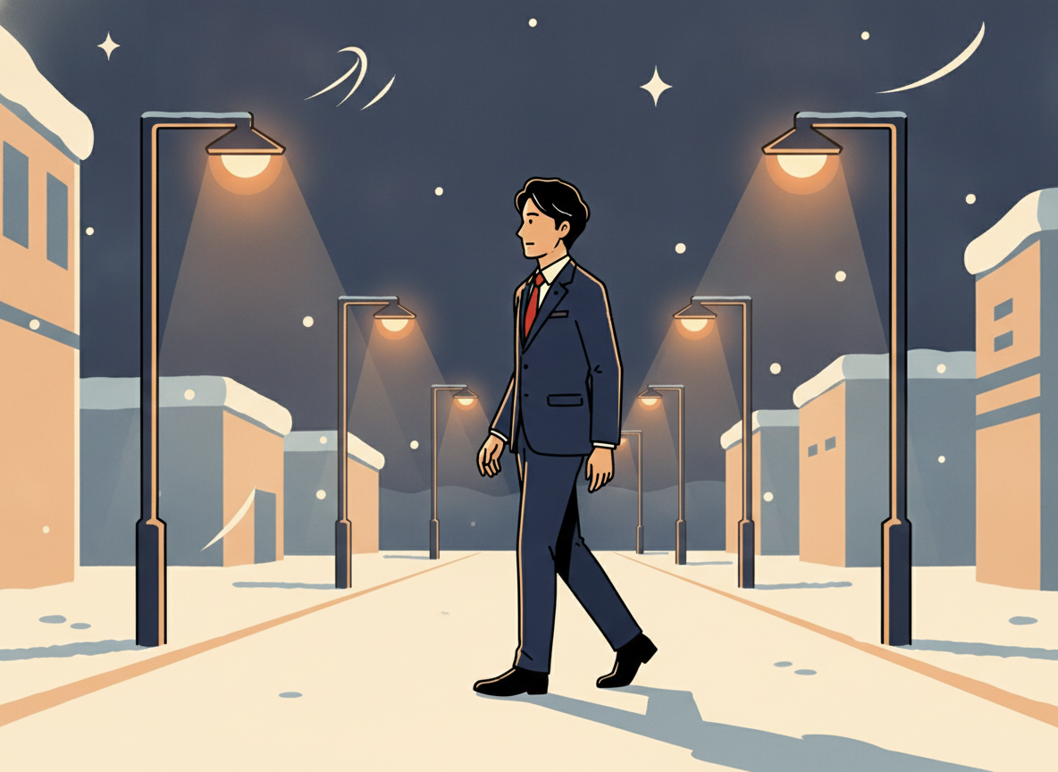 夜の札幌市内を歩くビジネスマンのシルエット・冬の街灯