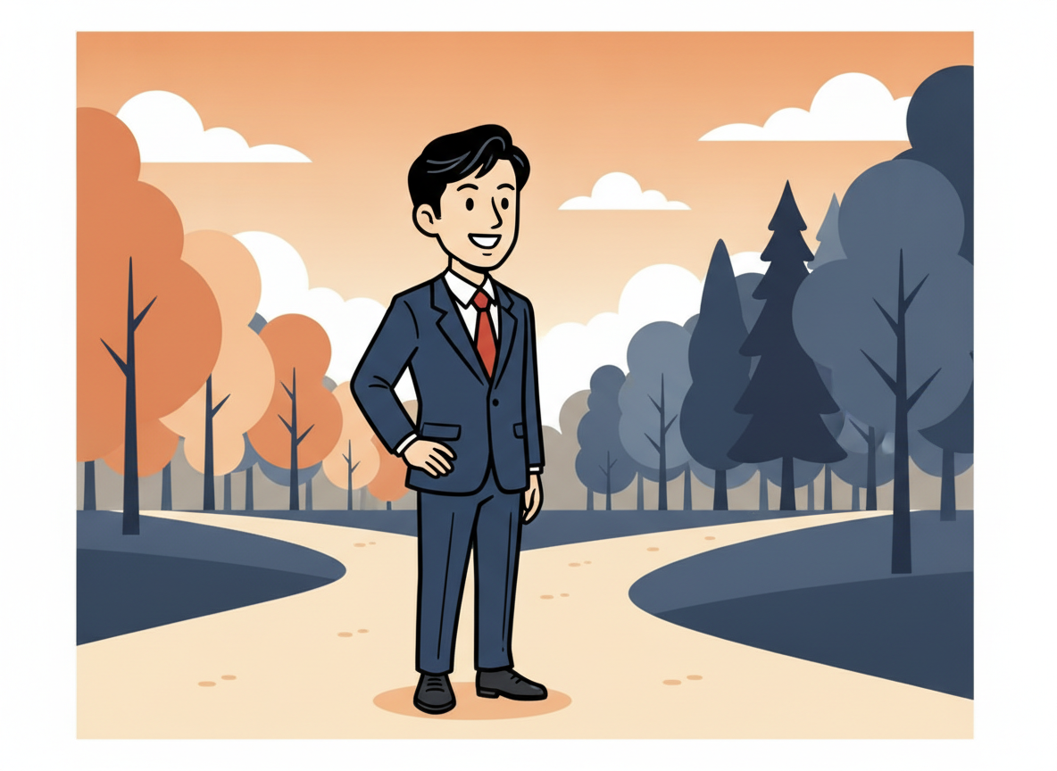 a person standing at a crossroads in morning light, looking at two different paths through a forest